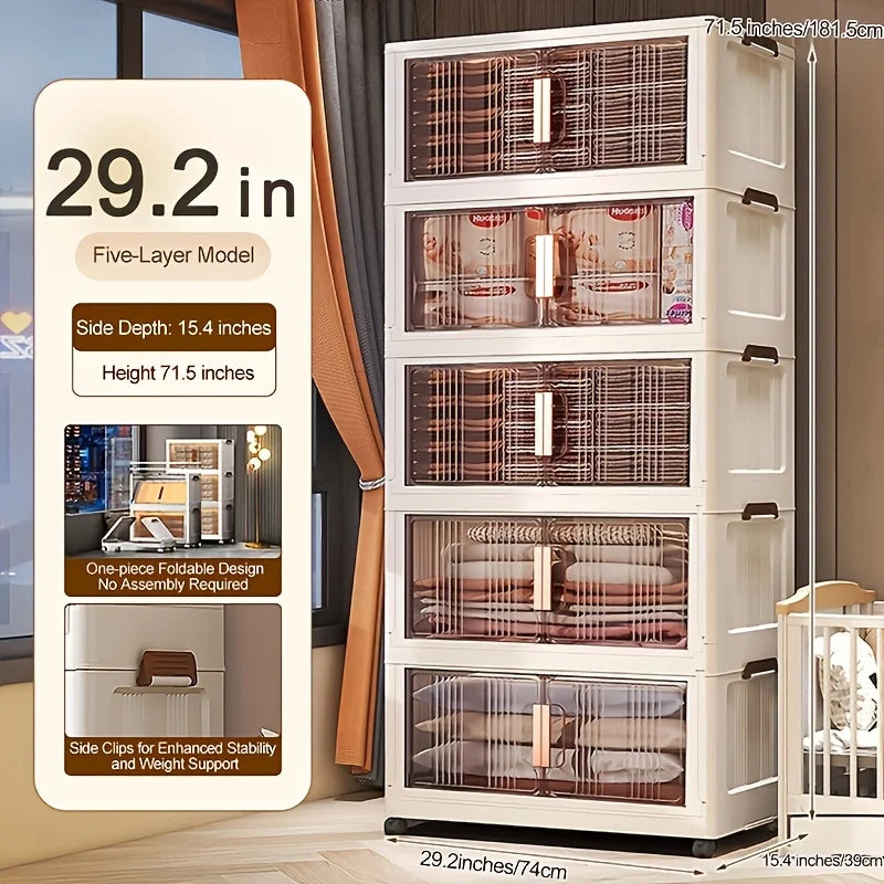 3/4/5-Tier Extra Large Folding Storage Cabinet - Plastic Storage Bins With Lids, Collapsible Stackable Containers With Wheels