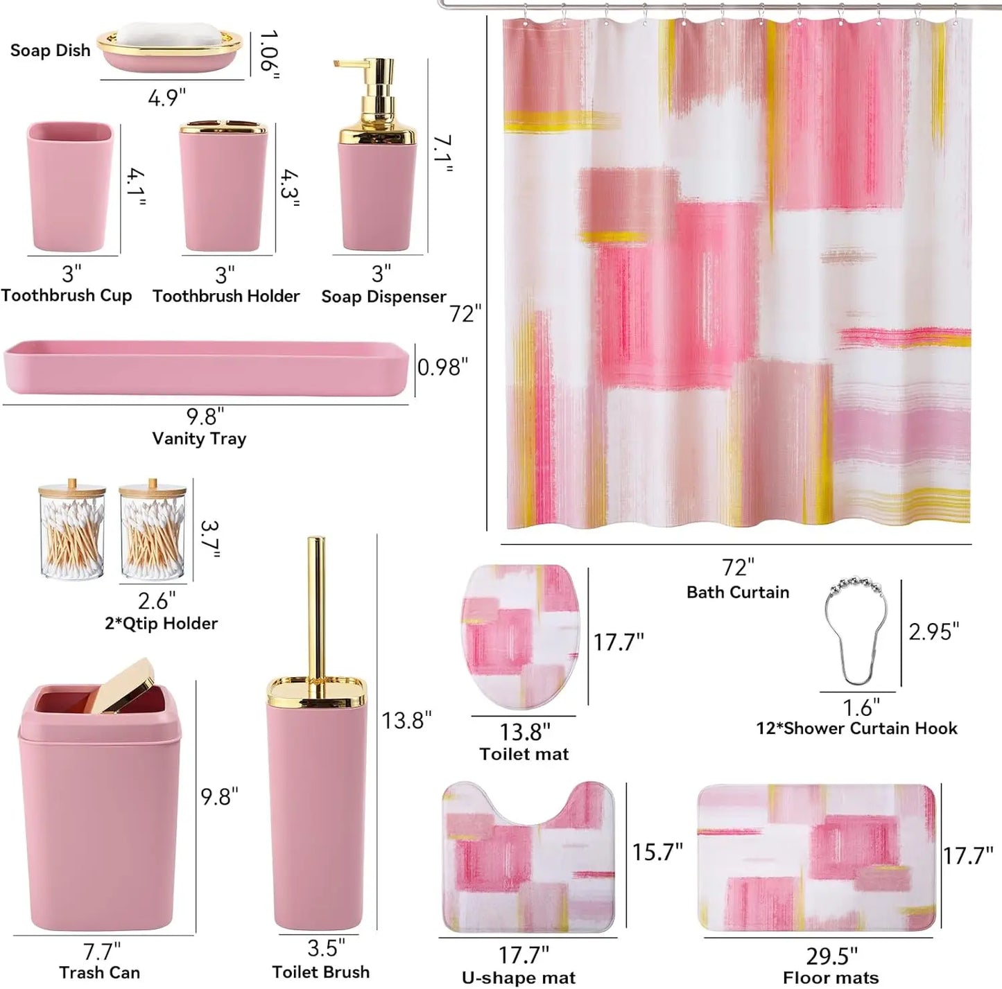 Pink and Gold Bathroom Accessories Set with Shower Curtain, Rugs, Trash Can, Soap Dispenser for Home Decor