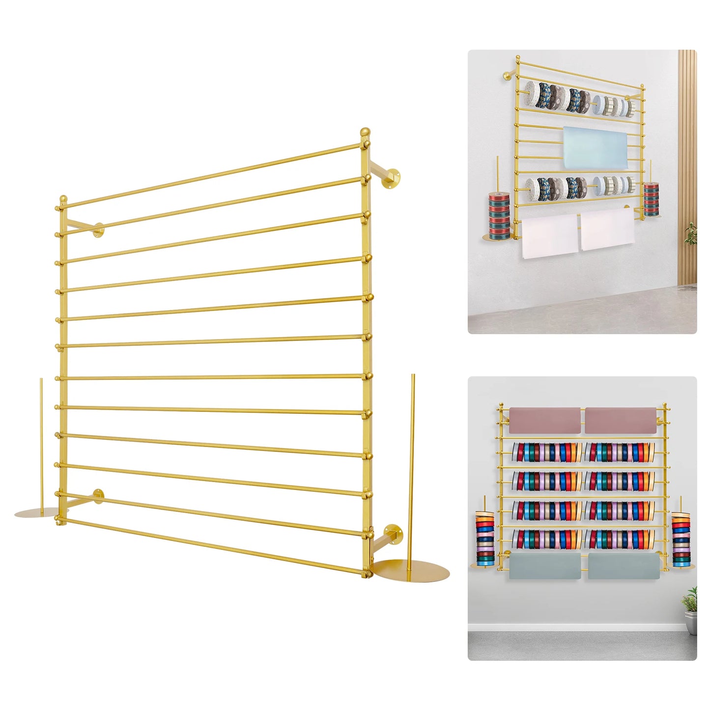120cm Wrapping Paper Ribbon Iron Holder,Gold/Black/White Wall-Mounted Display Rack 12 Rods for Gift Shops,Florists