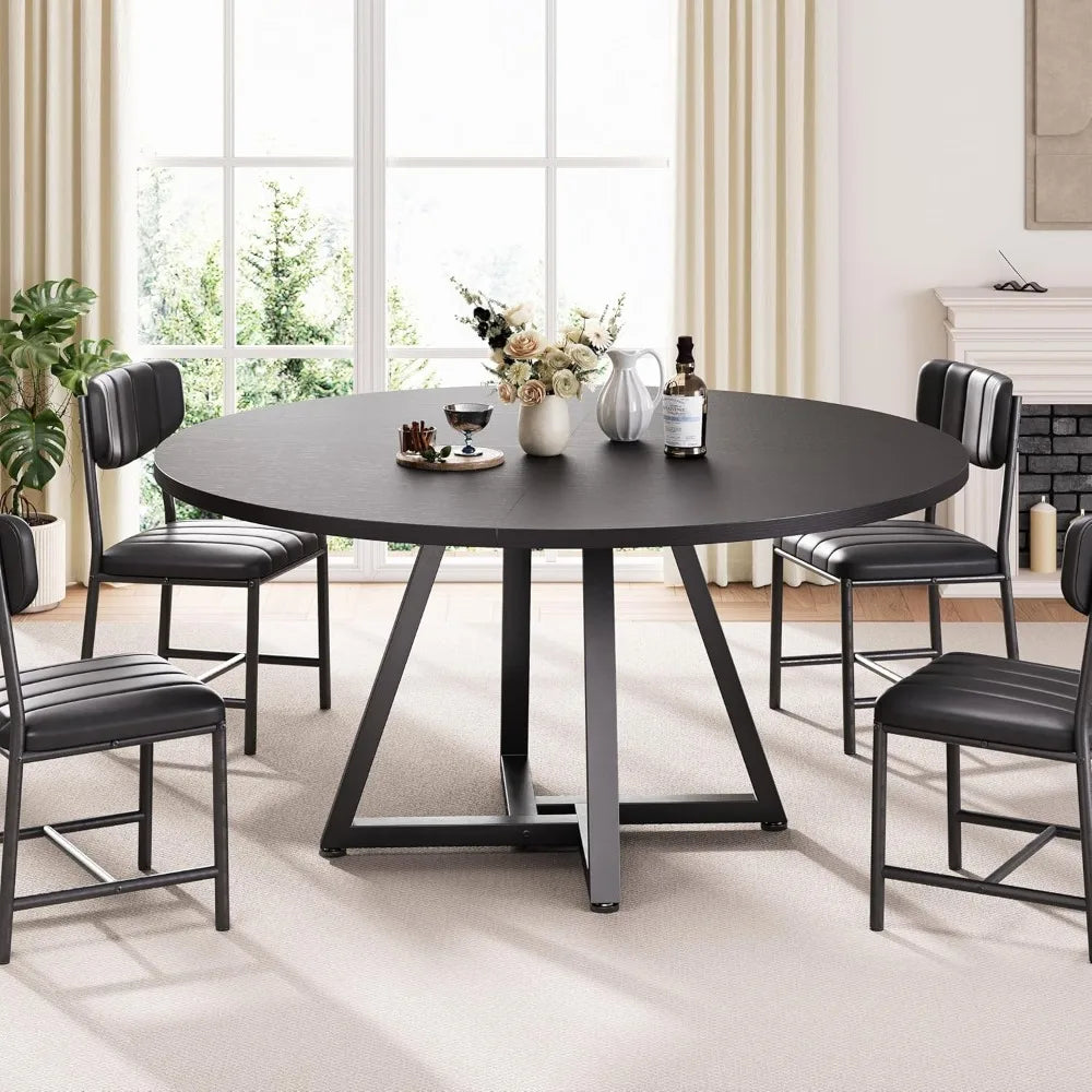Round Kitchen Dining Room Table Circle Dining Dinner Table with Pedestal Metal Frame, Space Saving Wood Industrial Furniture