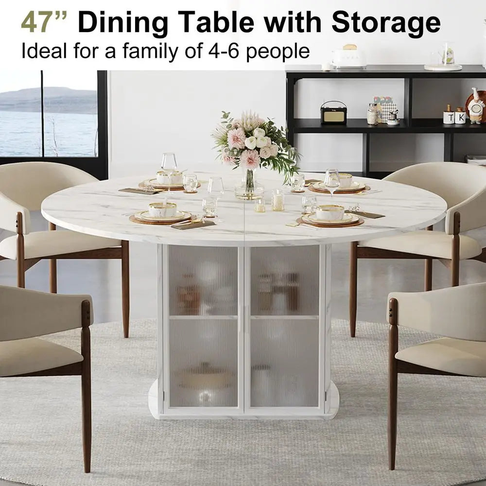 47 Round Dining Table with Storage, White Faux Marble Kitchen Tables for 46 People, Modern Dining Room Table with Fridge Space,