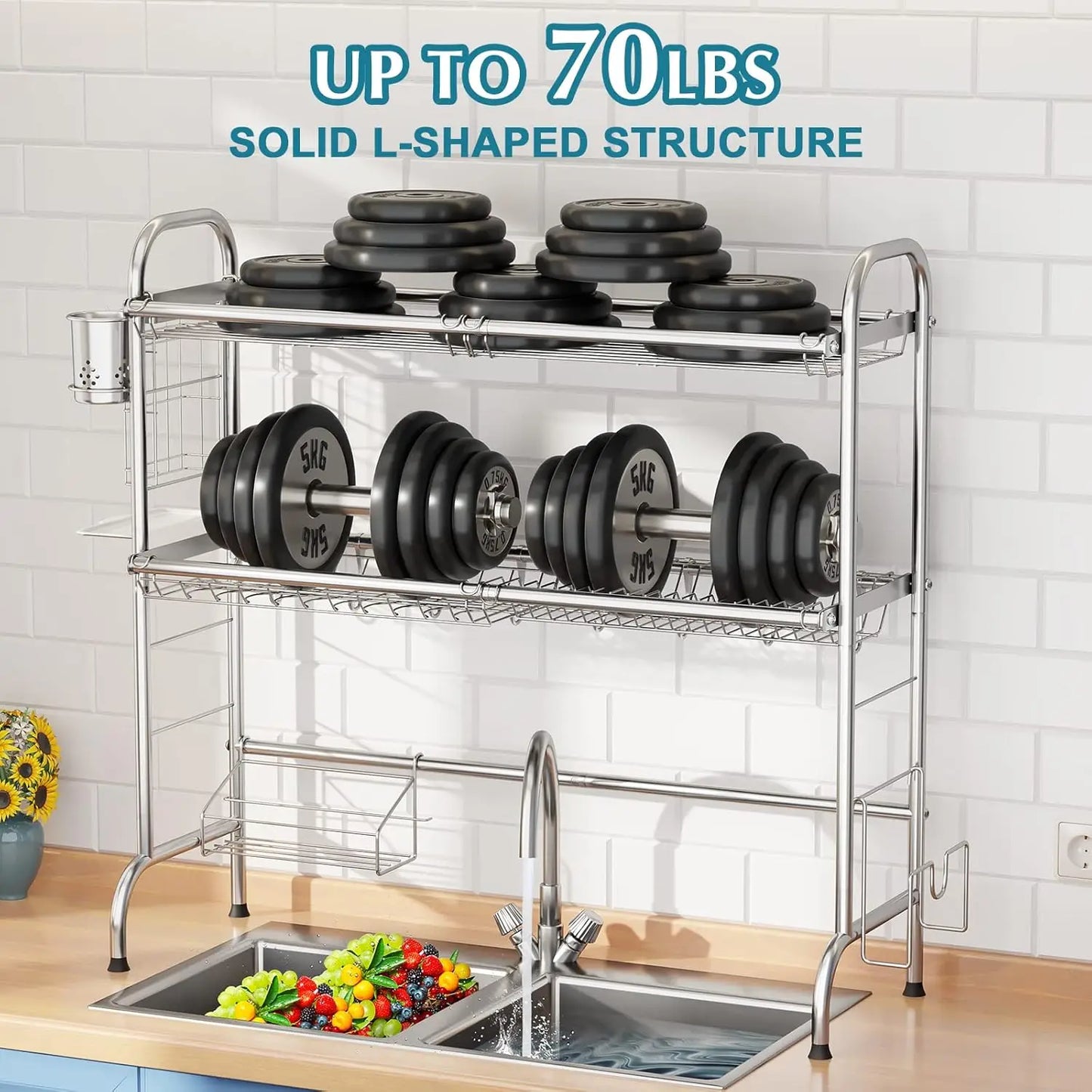 Stainless Steel 2-Tier Over Sink Dish Drying Rack with Utensil Holder, Large Kitchen Counter Space Saver