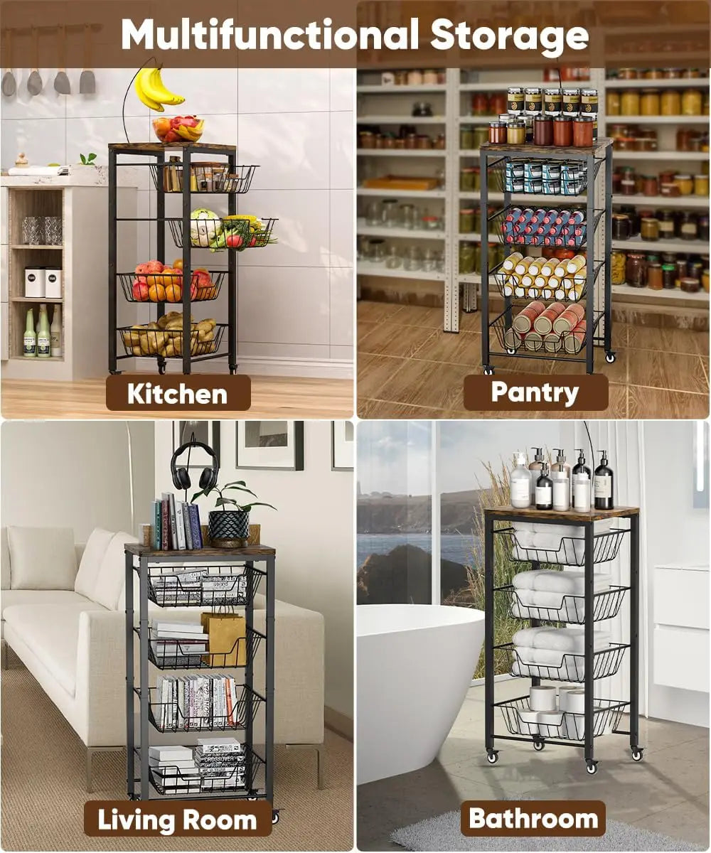 5-Tier Rolling Kitchen Cart with Pull-Out Baskets, Wood Top & Banana Holder for Fruit Vegetable Storage