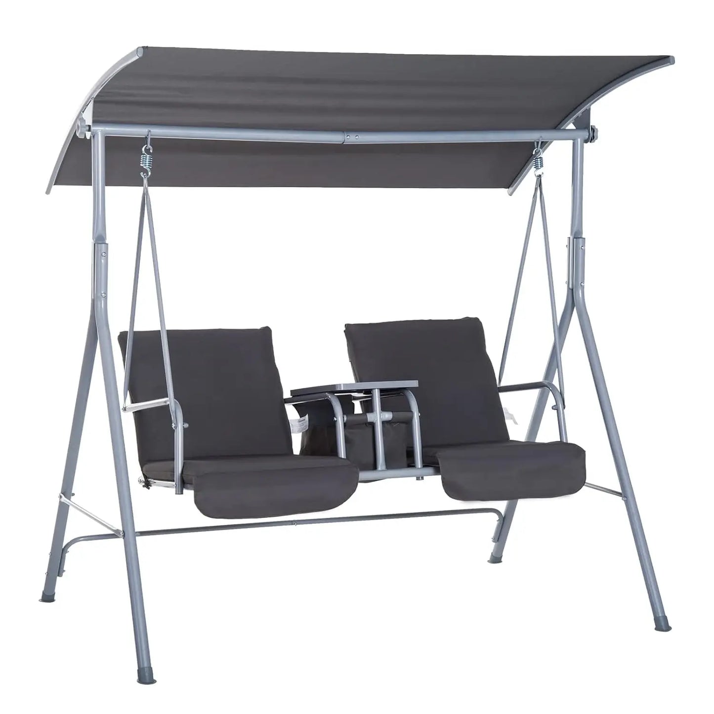 2 Person Outdoor Canopy Swing with Stand, Storage Tray & Cup Holders, Cushioned Seat for Patio Backyard, Beige, Customized
