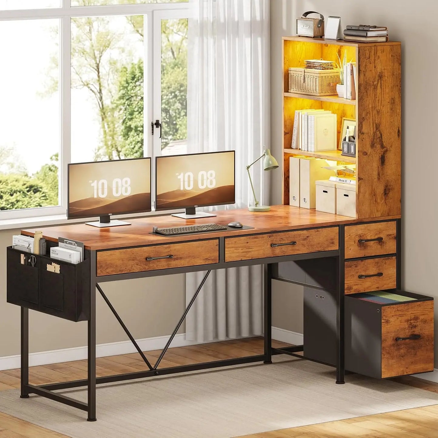 Computer Gaming Desk with 5 Drawers and Bookshelf, Reversible Home Office Desk with Storage Shelves and File, Customized
