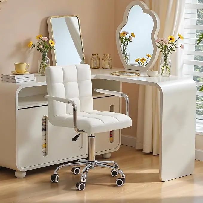 Vanity Office Chair with Wheels, Makeup PU Leather Executive Chair Modern Adjustable Home Desk Retro Comfortable Work Chair
