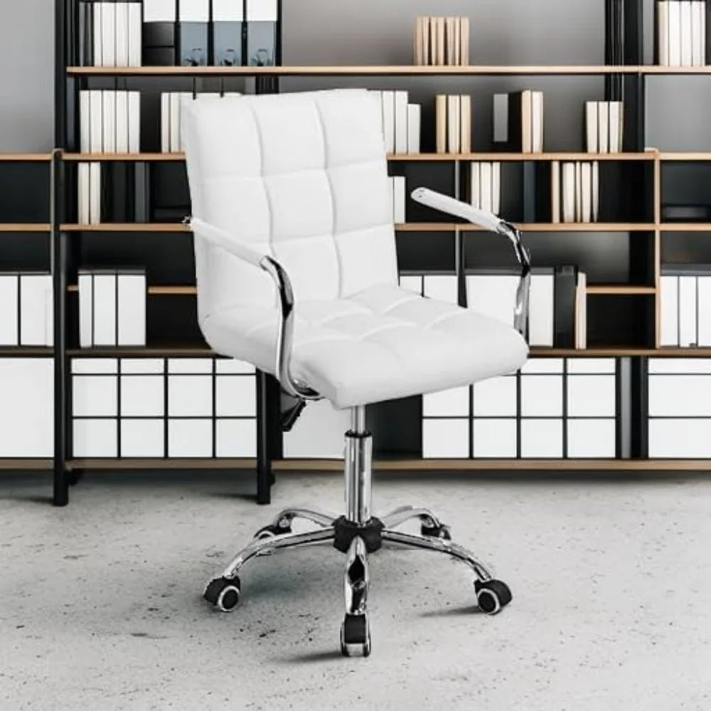 White Desk Chairs with Wheels/Armrests Modern PU Leather Office Chair Midback Adjustable Home Computer Executive Chair 360°