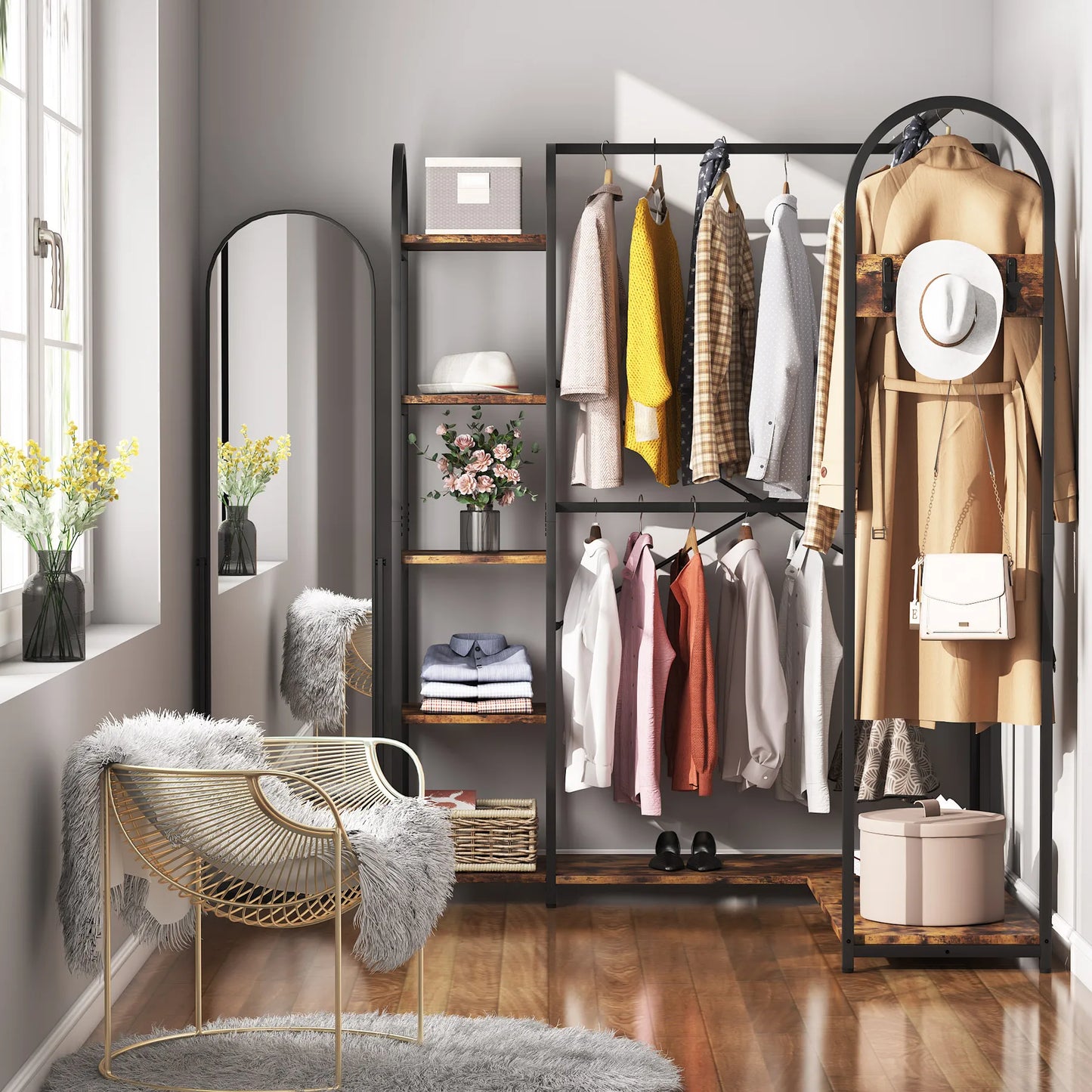 Tribesigns L Shape Clothes Rack, Corner Garment Rack with Storage Shelves and Hanging Rods, Space-Saving Open Wardrobe Closet