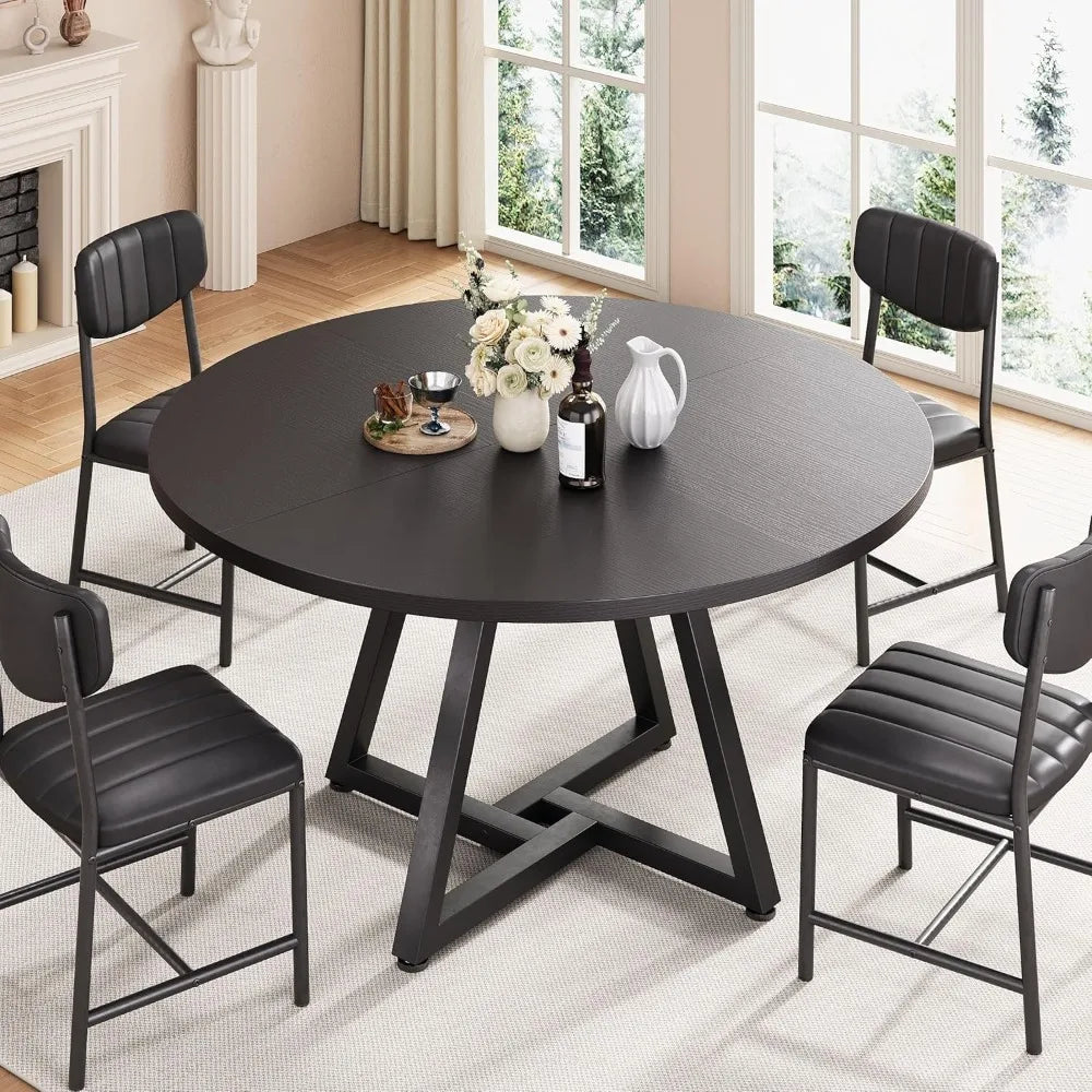 Round Kitchen Dining Room Table Circle Dining Dinner Table with Pedestal Metal Frame, Space Saving Wood Industrial Furniture