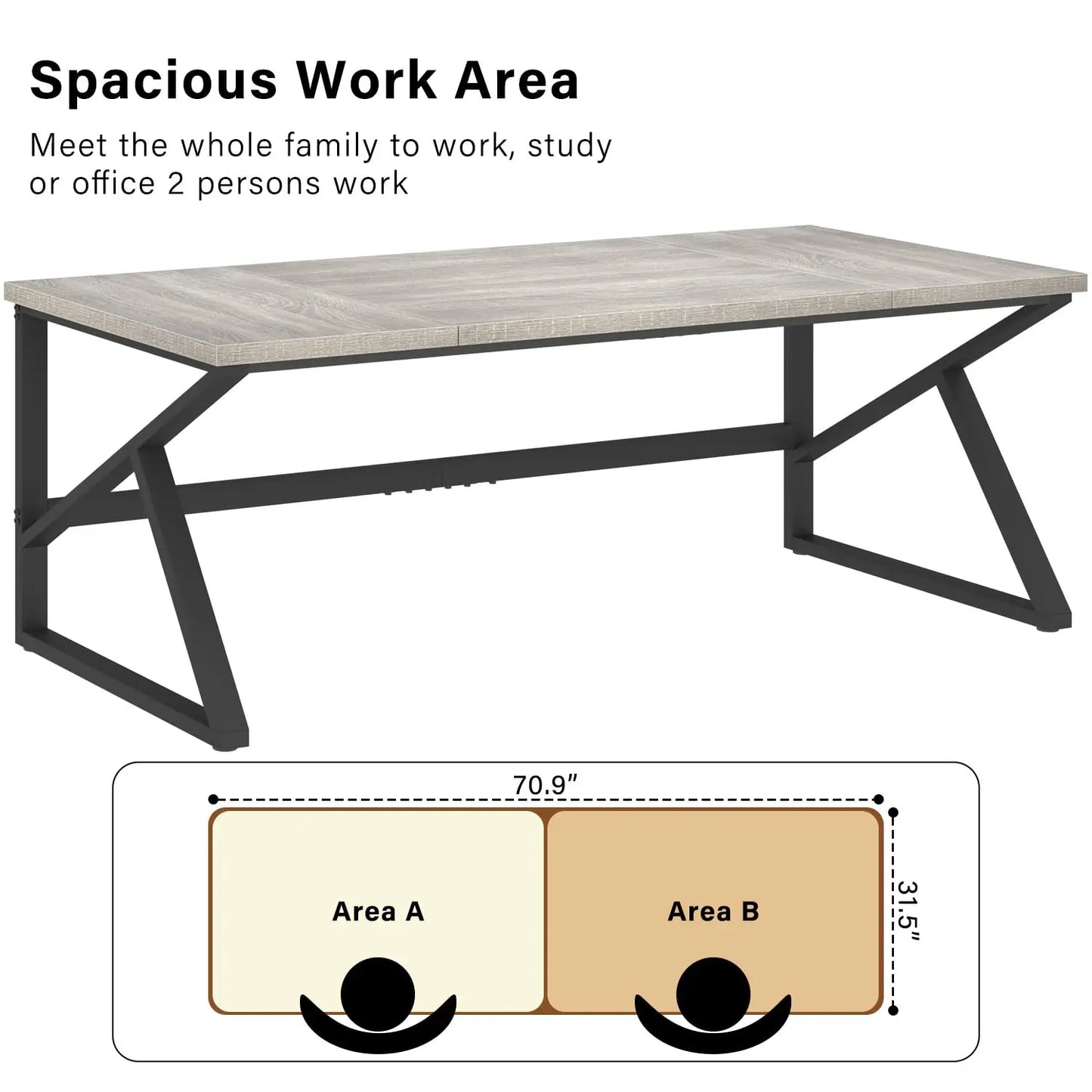 70 Inch Long Grey Desk, Large Home Office Computer Desk for 2 People, Industrial Wood and Metal Executive Work, Customized