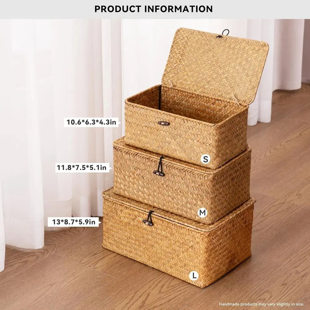 Storage Basket with Lid, Natural Seagrass Bin with Lid Set of 3, Shelf Baskets Multipurpose Container for Boho Decoration, Recta