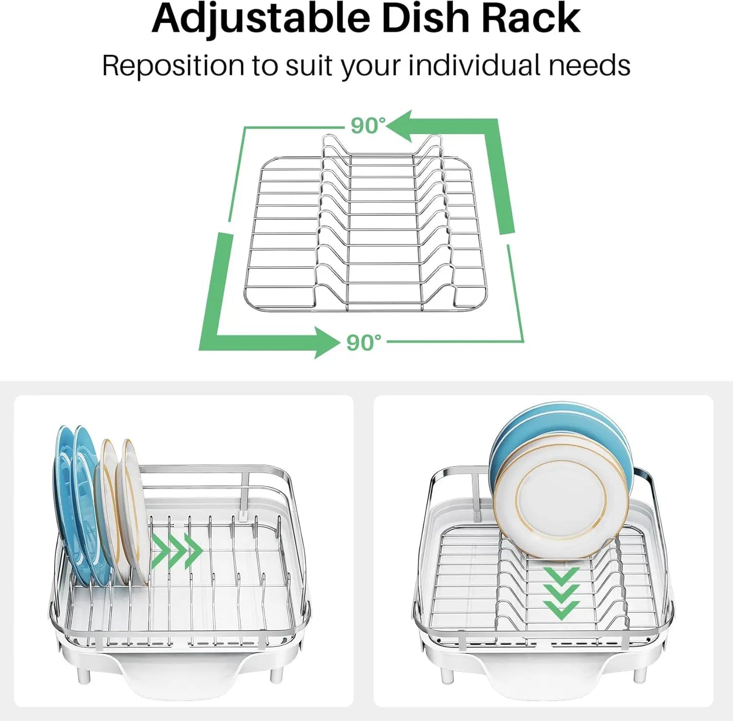 Expandable Stainless Steel Dish Drying Rack with Drainboard and Utensil Holder for Kitchen Counter, White