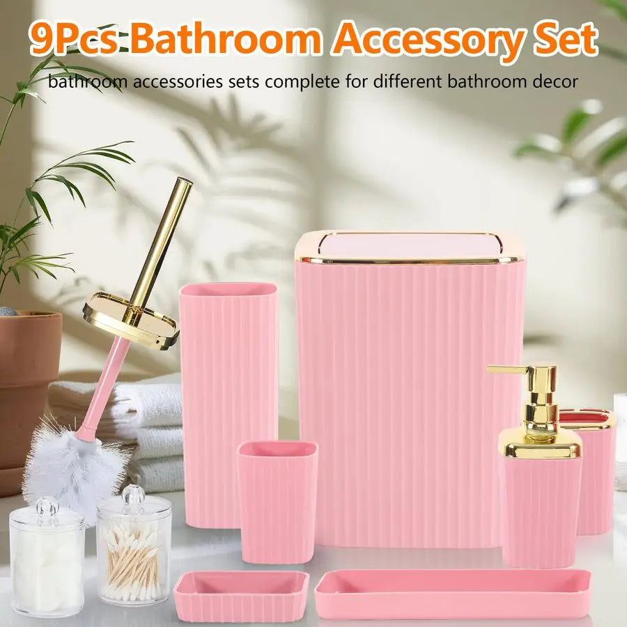 Bathroom Accessories Kit 9 Pieces Pink Bathroom Set with Trash Can Toothbrush Holder Soap Dispenser Toothbrush Cup