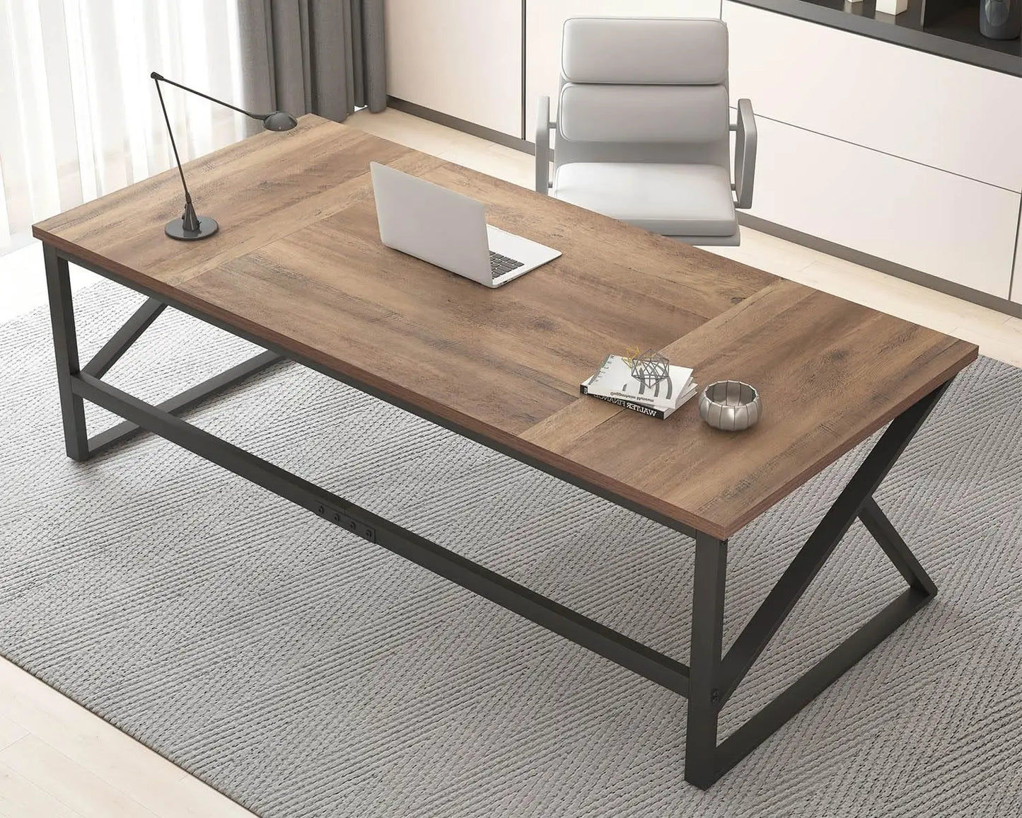 70 Inch Long Grey Desk, Large Home Office Computer Desk for 2 People, Industrial Wood and Metal Executive Work, Customized