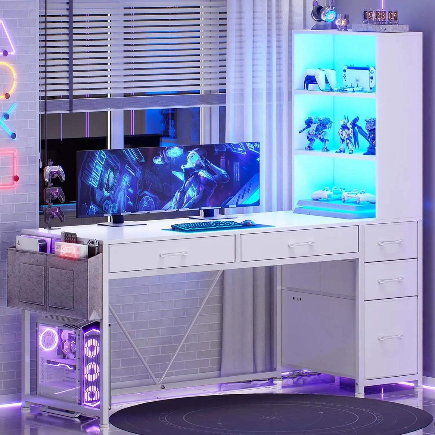 Computer Gaming Desk with 5 Drawers and Bookshelf, Reversible Home Office Desk with Storage Shelves and File, Customized