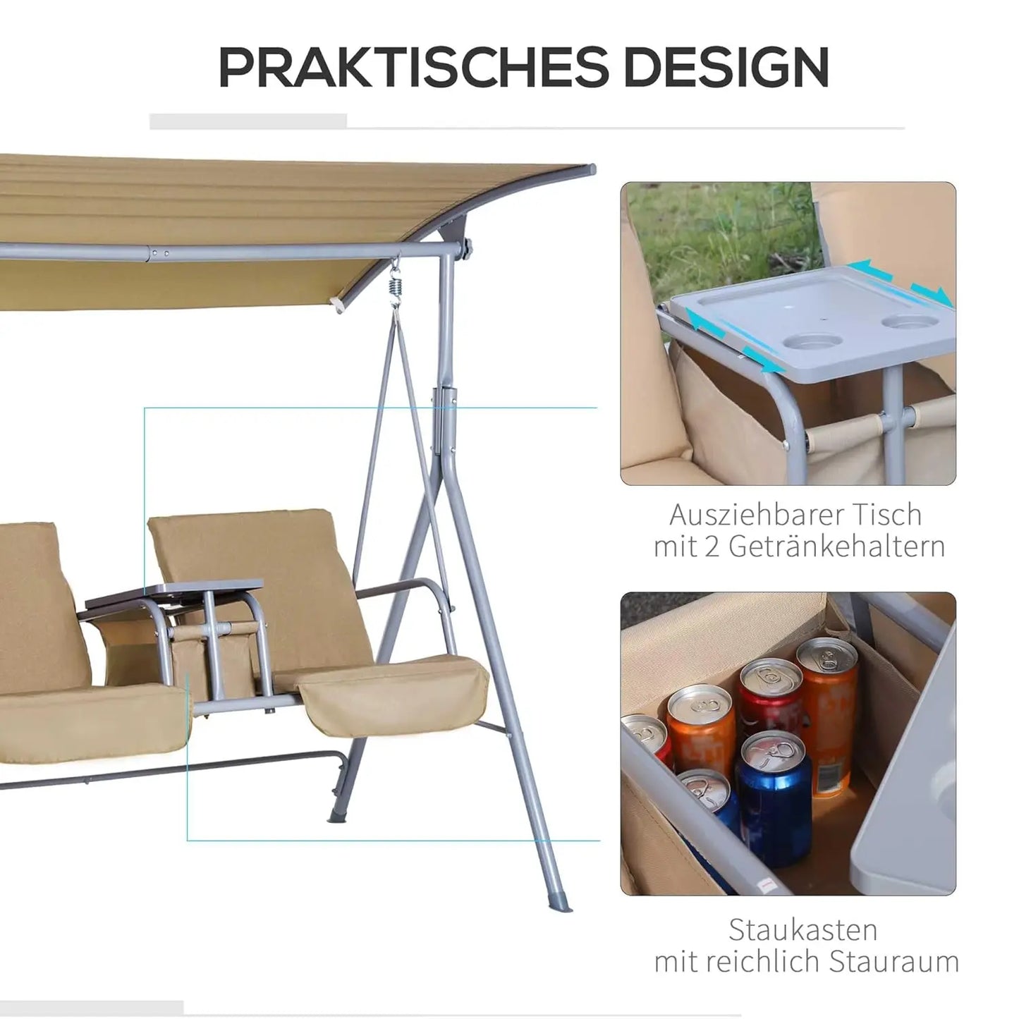 2 Person Outdoor Canopy Swing with Stand, Storage Tray & Cup Holders, Cushioned Seat for Patio Backyard, Beige, Customized