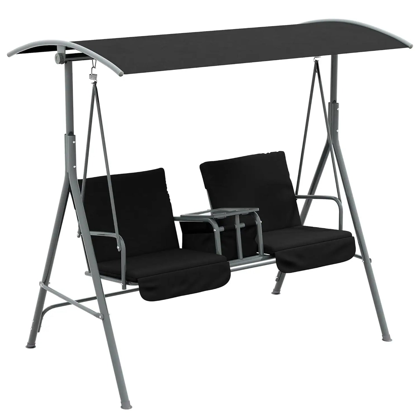 2 Person Outdoor Canopy Swing with Stand, Storage Tray & Cup Holders, Cushioned Seat for Patio Backyard, Beige, Customized