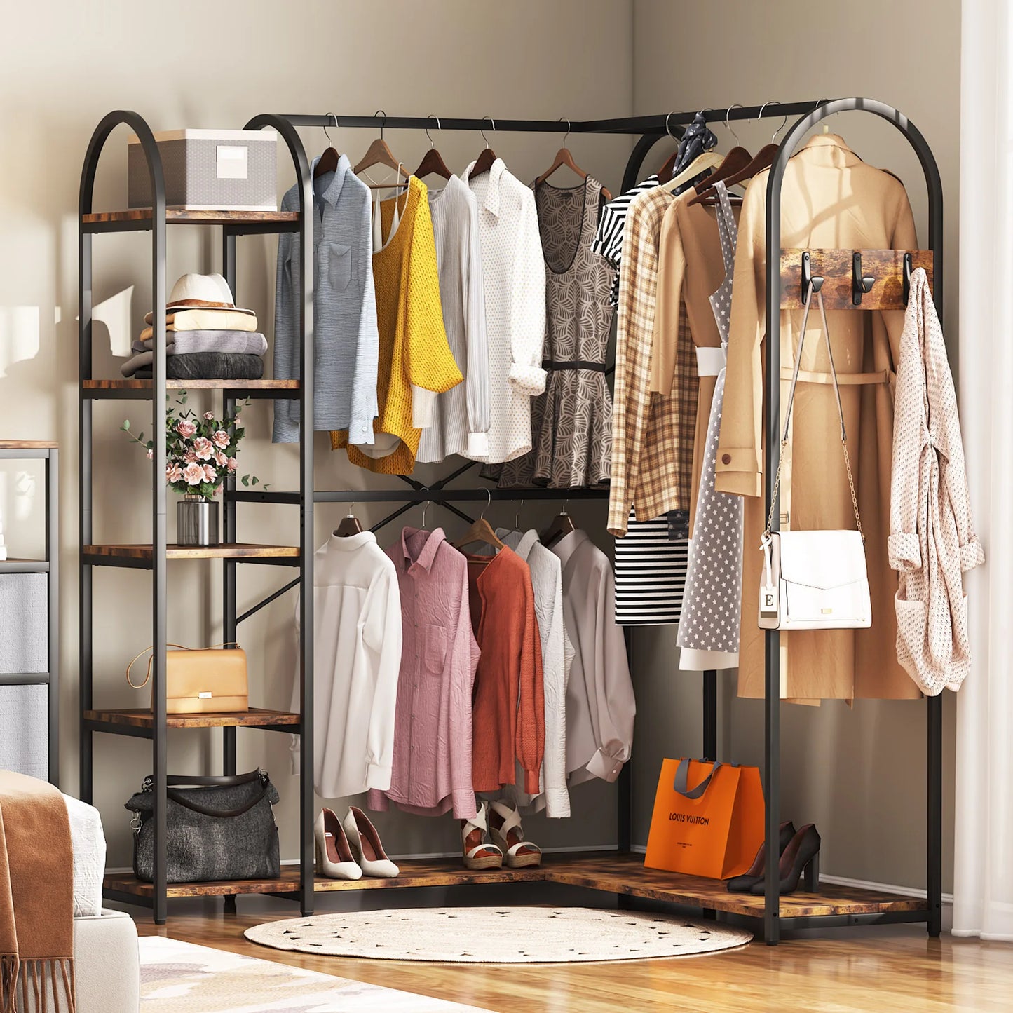 Tribesigns L Shape Clothes Rack, Corner Garment Rack with Storage Shelves and Hanging Rods, Space-Saving Open Wardrobe Closet