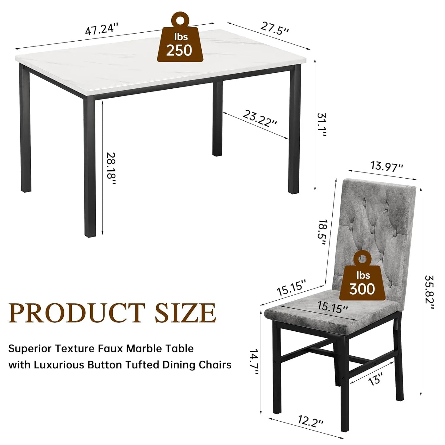 Dining Table Set for 4, Faux Marble Small Kitchen Table Chairs Set of 4 with Luxurious Button Tufted Dinner Chairs, Customized