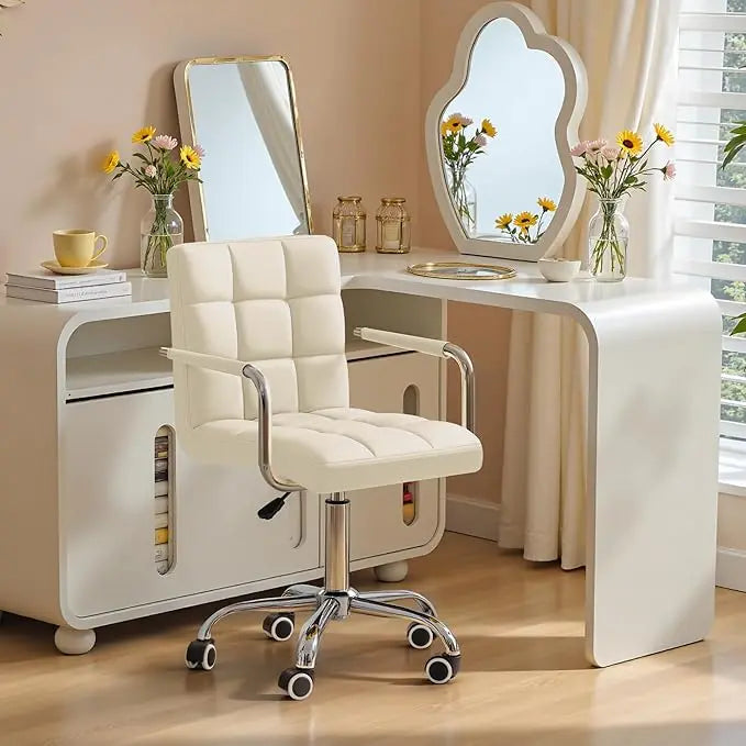 Vanity Office Chair with Wheels, Makeup PU Leather Executive Chair Modern Adjustable Home Desk Retro Comfortable Work Chair