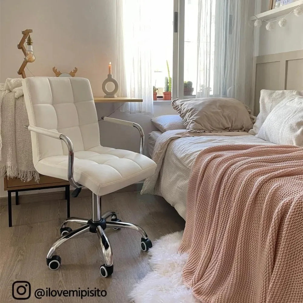 White Desk Chairs with Wheels/Armrests Modern PU Leather Office Chair Midback Adjustable Home Computer Executive Chair 360°