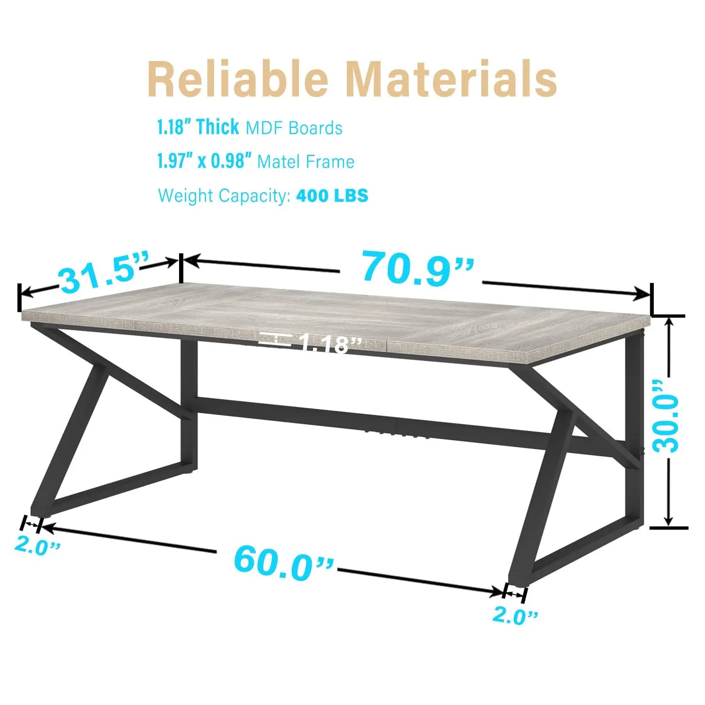 70 Inch Long Grey Desk, Large Home Office Computer Desk for 2 People, Industrial Wood and Metal Executive Work, Customized