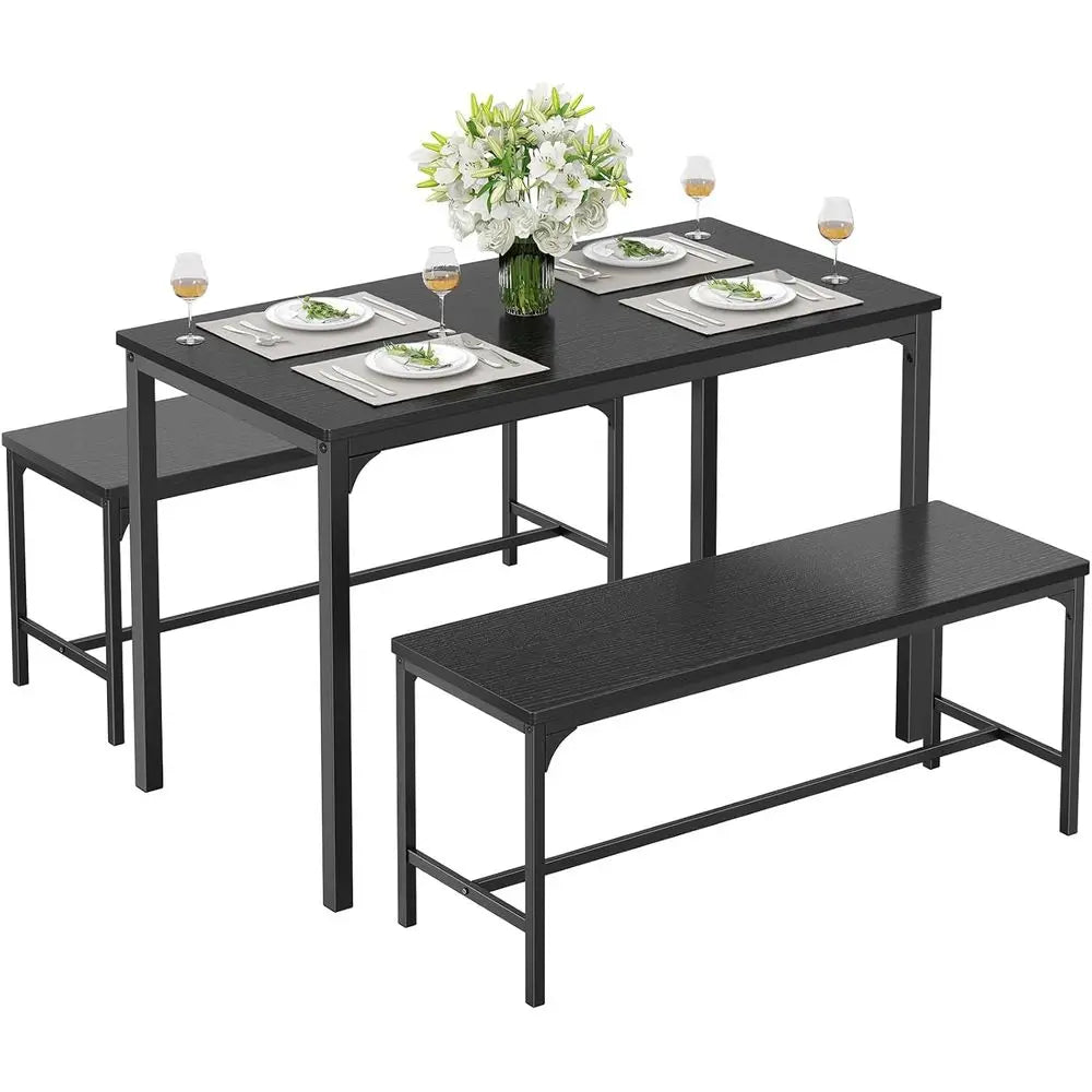 Dining Table Set, Dining Table or 4 with Bench, Kitchen Table, Space-Saving Ideal 4-Person Set or Dining Room Kitchen Aparent Bl