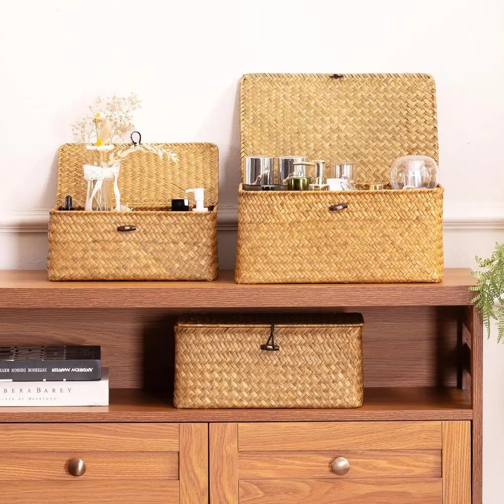 Storage Basket with Lid, Natural Seagrass Bin with Lid Set of 3, Shelf Baskets Multipurpose Container for Boho Decoration, Recta