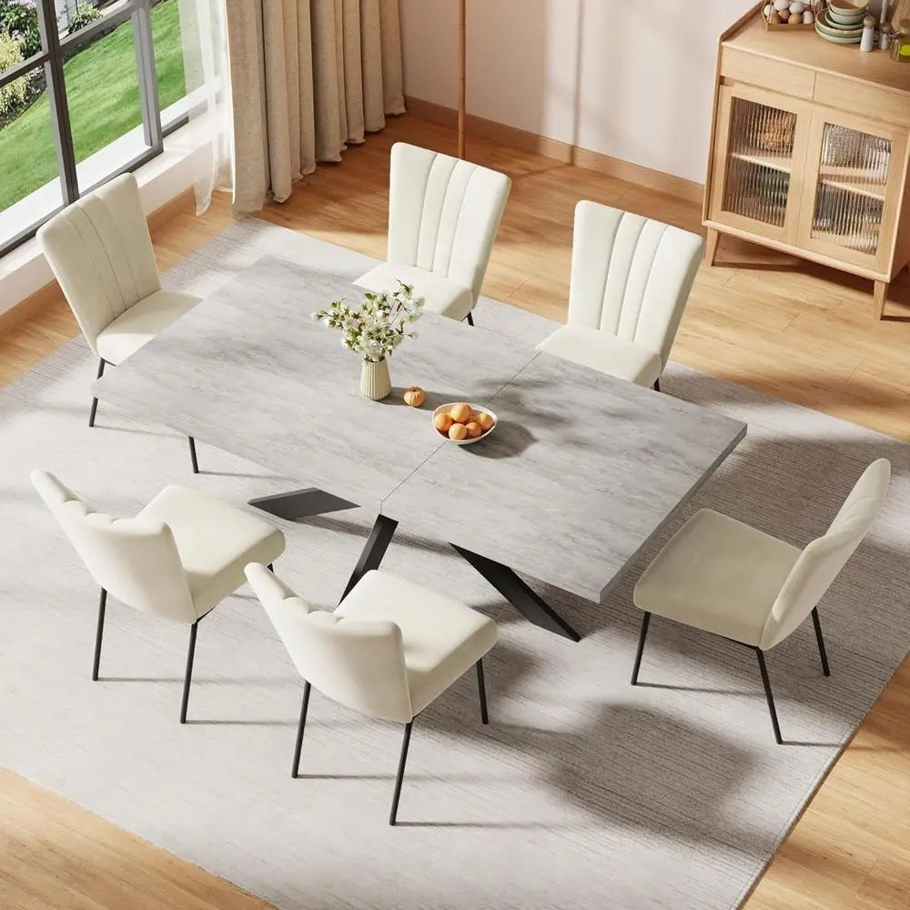 Exble Dining Table Set or 6-8 People, 51"-67" ern Recular Dining Table with 6 Chairs, Grey Tabletop with Sturdy Metal e, Space-S