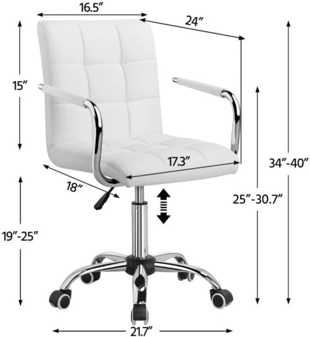 White Desk Chairs with Wheels/Armrests Modern PU Leather Office Chair Midback Adjustable Home Computer Executive Chair 360°