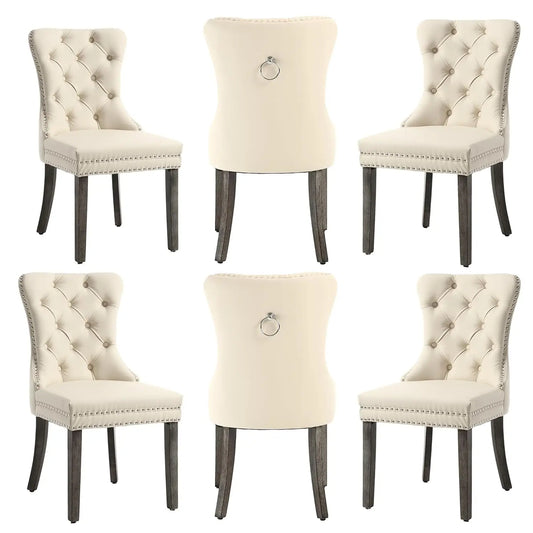 PU Leather Dining Chairs Set of 6, Dining Room Chairs with Solid Wood Legs and Pull Ring, Luxury, Customized