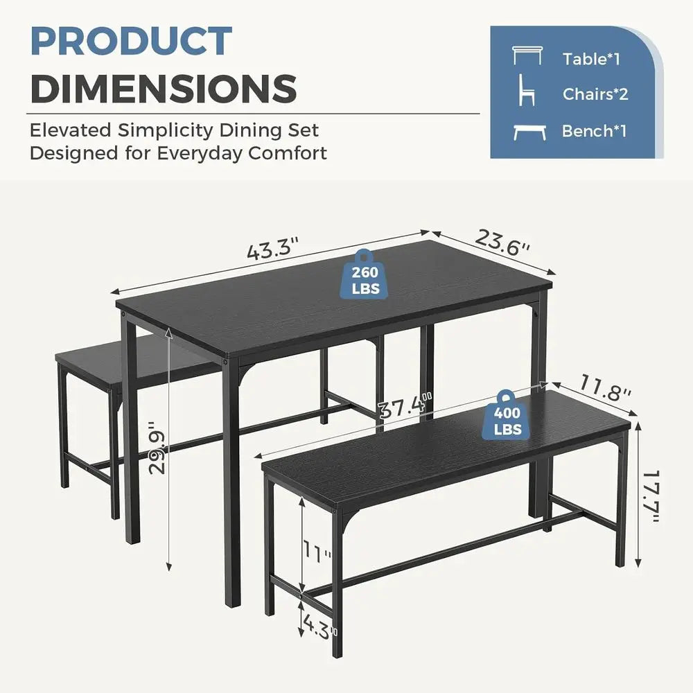 Dining Table Set, Dining Table or 4 with Bench, Kitchen Table, Space-Saving Ideal 4-Person Set or Dining Room Kitchen Aparent Bl