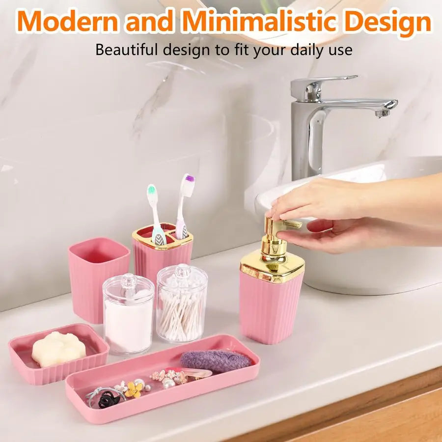 Bathroom Accessories Kit 9 Pieces Pink Bathroom Set with Trash Can Toothbrush Holder Soap Dispenser Toothbrush Cup