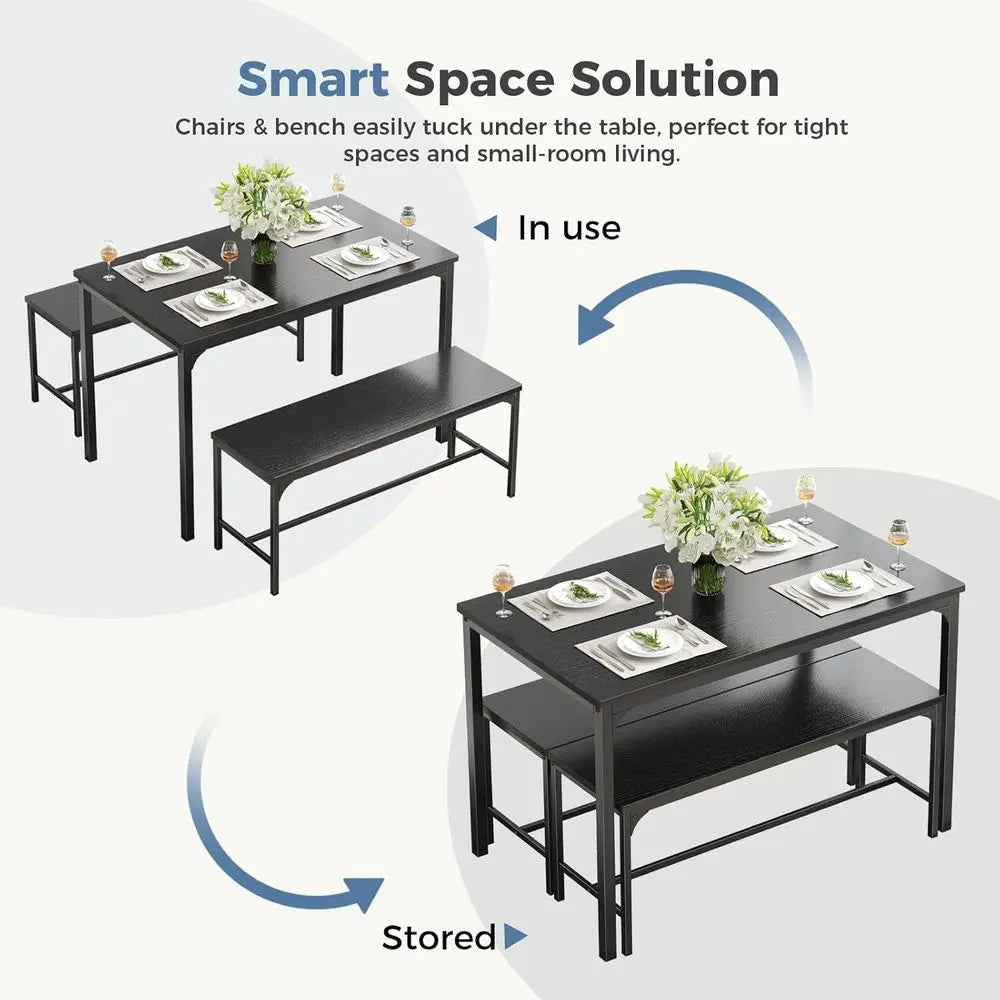 Dining Table Set, Dining Table or 4 with Bench, Kitchen Table, Space-Saving Ideal 4-Person Set or Dining Room Kitchen Aparent Bl