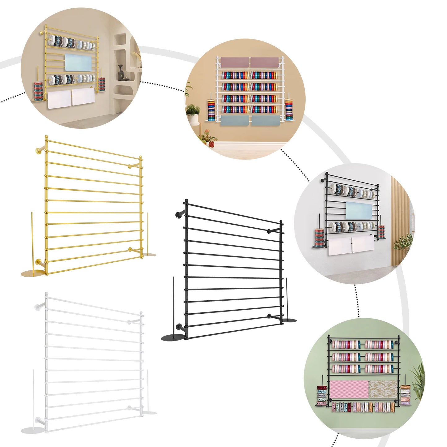 120cm Wrapping Paper Ribbon Iron Holder,Gold/Black/White Wall-Mounted Display Rack 12 Rods for Gift Shops,Florists