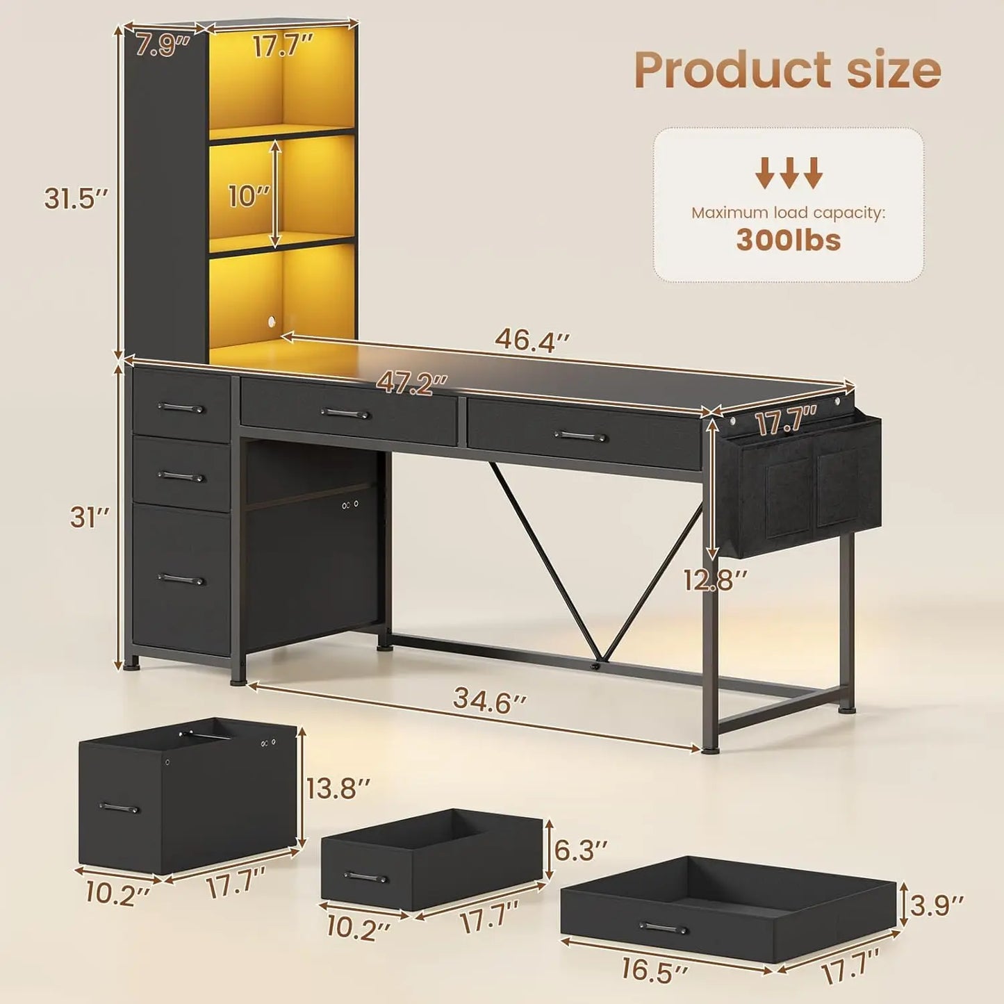 Computer Gaming Desk with 5 Drawers and Bookshelf, Reversible Home Office Desk with Storage Shelves and File, Customized