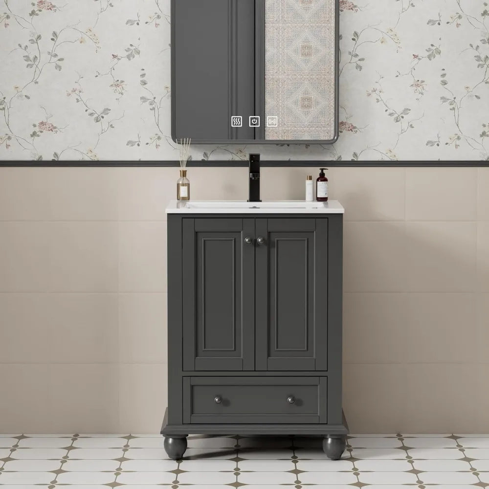 24" Bathroom Vanity Sink Combo Vintage Style with Painted Solid Wood Construction, Retro Vanities Storage Cabinet w/Gourd Leg