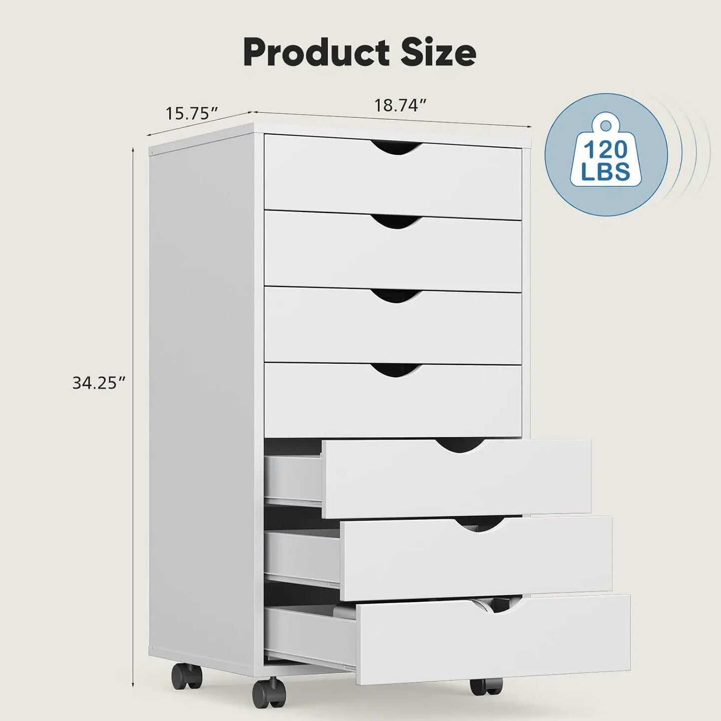 7-Drawer Rolling File Cabinet with Wheels, Under Desk Storage Organizer for Home Office, White