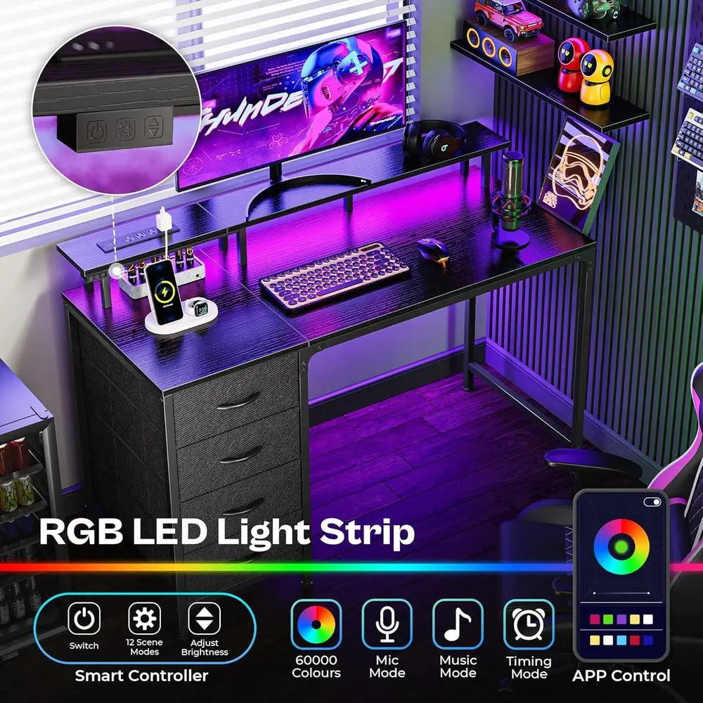 47 Inch Computer Desk with Power Outlets and LED Lights, Gaming Desk with 4 Ders, Oice Desk with Monitor Stand, Study Work Home