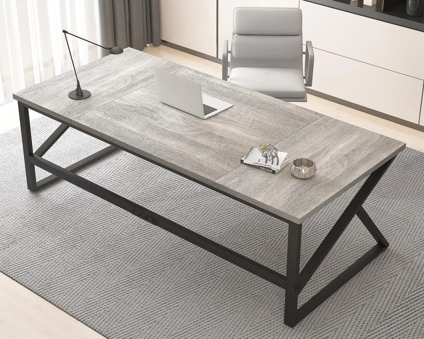 70 Inch Long Grey Desk, Large Home Office Computer Desk for 2 People, Industrial Wood and Metal Executive Work, Customized