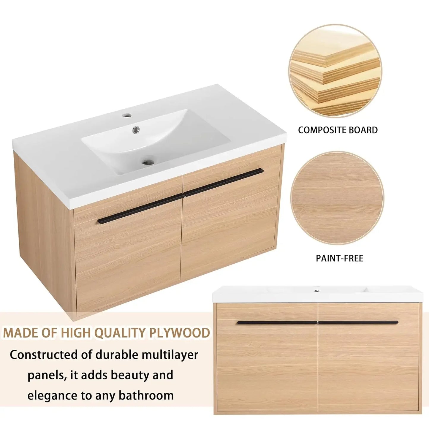 36" Floating Bathroom Vanity,36 Inch Bathroom Vanity with Sink,Single Sink Wall Mounted Vanity Combo,Brown Wall, Customized