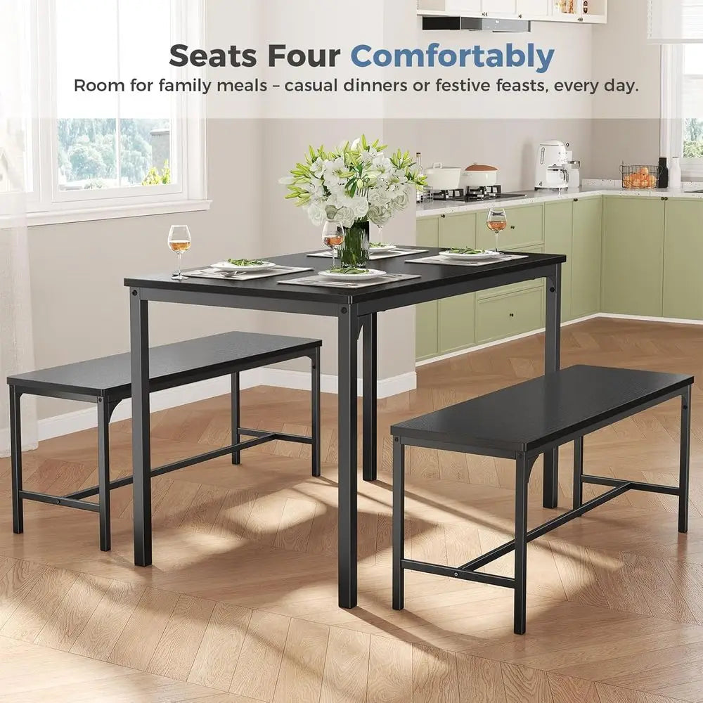 Dining Table Set, Dining Table or 4 with Bench, Kitchen Table, Space-Saving Ideal 4-Person Set or Dining Room Kitchen Aparent Bl