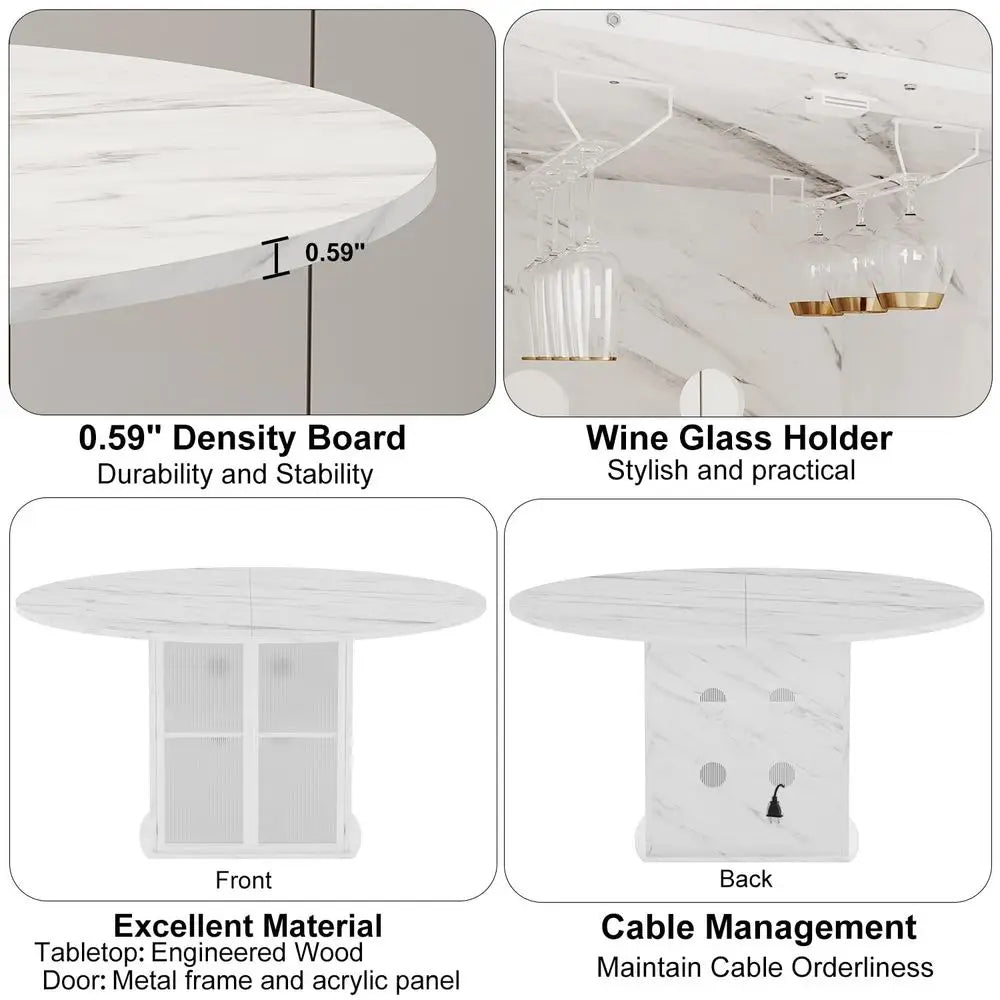 47 Round Dining Table with Storage, White Faux Marble Kitchen Tables for 46 People, Modern Dining Room Table with Fridge Space,