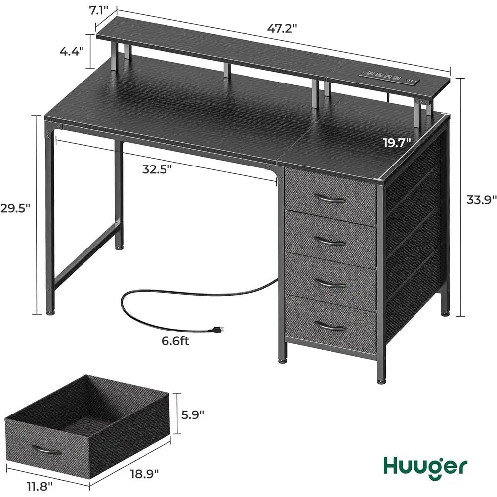 47 Inch Computer Desk with Power Outlets and LED Lights, Gaming Desk with 4 Ders, Oice Desk with Monitor Stand, Study Work Home