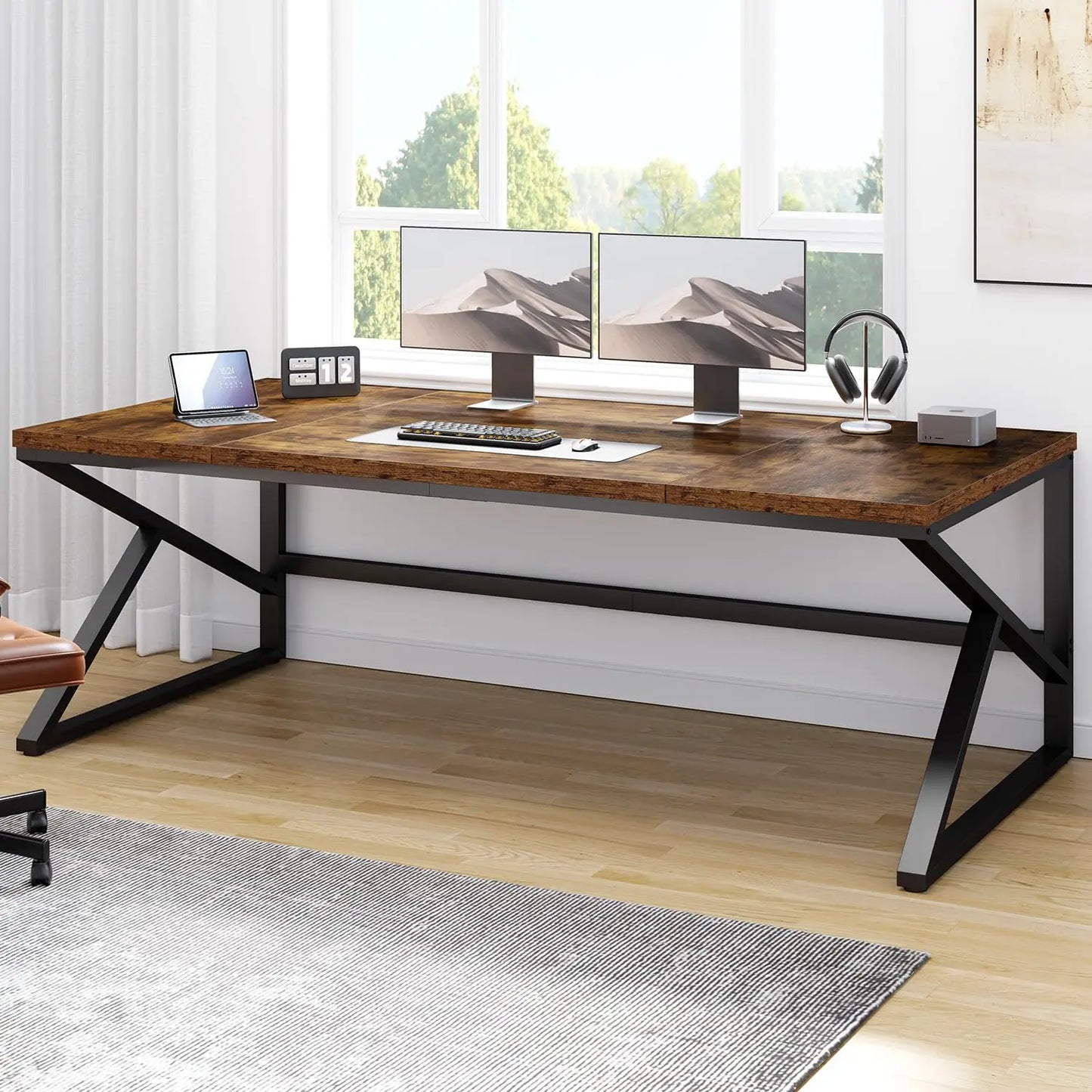 70 Inch Long Grey Desk, Large Home Office Computer Desk for 2 People, Industrial Wood and Metal Executive Work, Customized