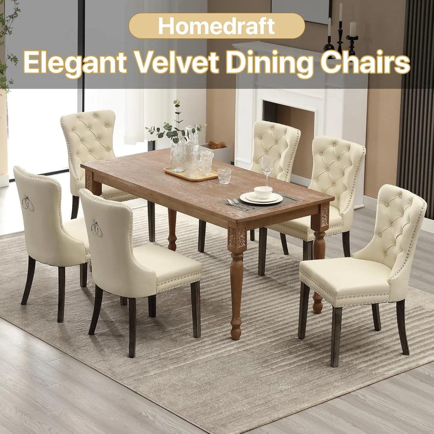 PU Leather Dining Chairs Set of 6, Dining Room Chairs with Solid Wood Legs and Pull Ring, Luxury, Customized