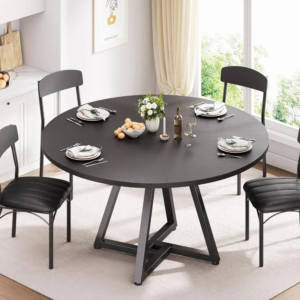 Round Kitchen Dining Room Table Circle Dining Dinner Table with Pedestal Metal Frame, Space Saving Wood Industrial Furniture