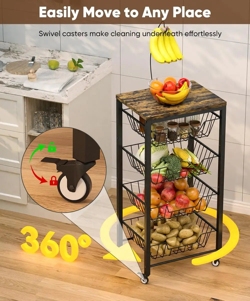 5-Tier Rolling Kitchen Cart with Pull-Out Baskets, Wood Top & Banana Holder for Fruit Vegetable Storage