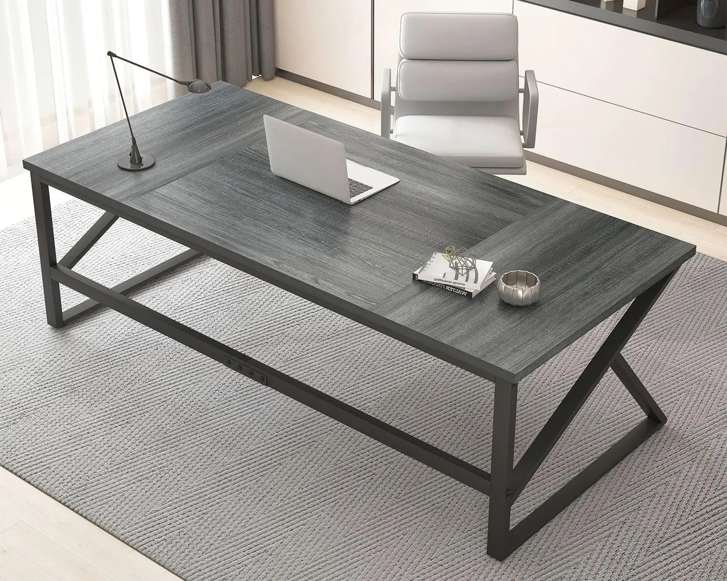 70 Inch Long Grey Desk, Large Home Office Computer Desk for 2 People, Industrial Wood and Metal Executive Work, Customized