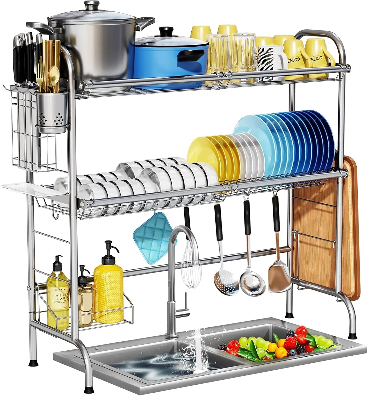 Stainless Steel 2-Tier Over Sink Dish Drying Rack with Utensil Holder, Large Kitchen Counter Space Saver